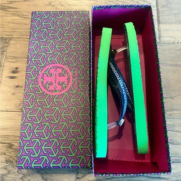 New Tory Burch Navy Sea Gemeni Rope Spring Green Flip Flops Size 6 Style 38959 - Picture 3 of 9